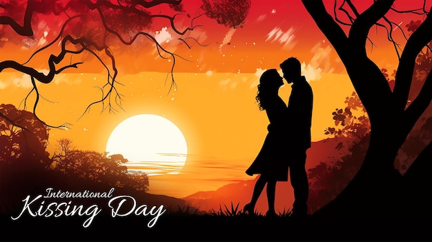 PSD illustrazione del banner del giorno del bacio con la silhouette di una coppia romantica sotto un albero sfondio per il giorno del bacio