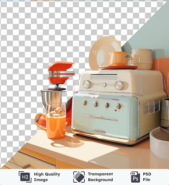 PSD kitchen artwork featuring an orange blender white bowl and orange pitcher on a white countertop with a large window in the background