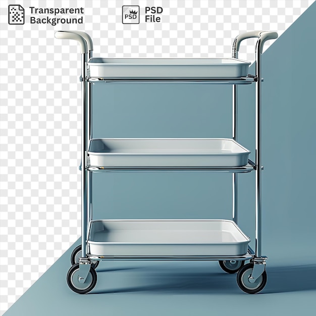 Kitchen cart with black wheels and metal shelf against blue wall casting a dark shadow