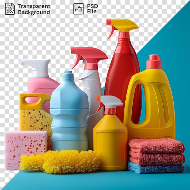 PSD kitchen cleaning supplies including yellow blue pink and red bottles as well as a yellow sponge are arranged on a blue table against a blue wall