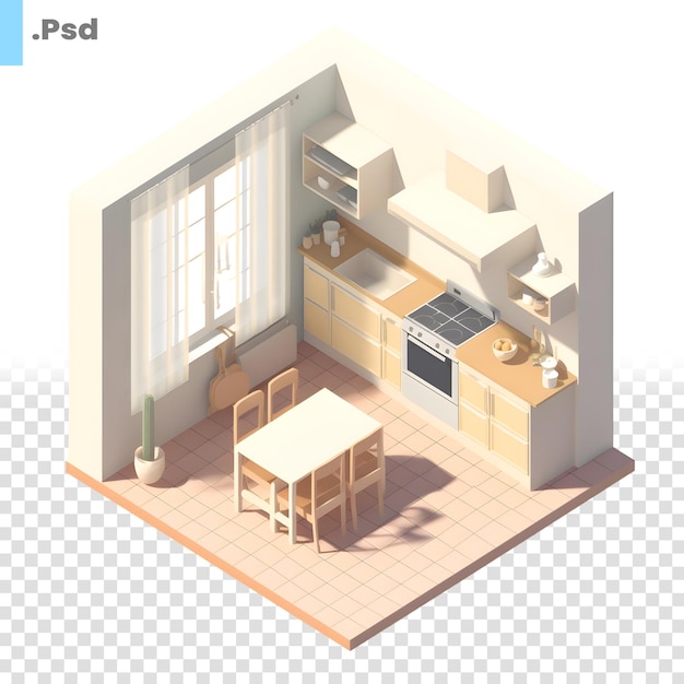 Vista isometrica interna della cucina con mobili e finestre isolate modello psd di illustrazione vettoriale
