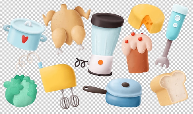 PSD clipart disegnato a mano degli oggetti della cucina