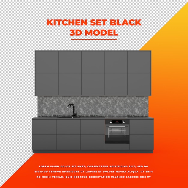 PSD modello isolato 3d nero dell'insieme della cucina