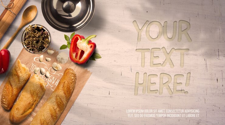 PSD kitchen utensils and bread mockup with shadows and bright wall