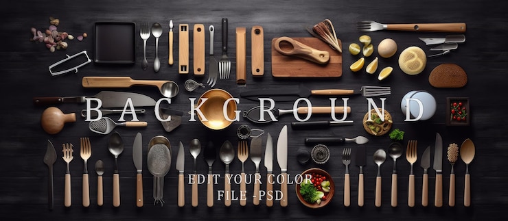 PSD kitchen utensils cooking tools on black wooden background of kitchen table