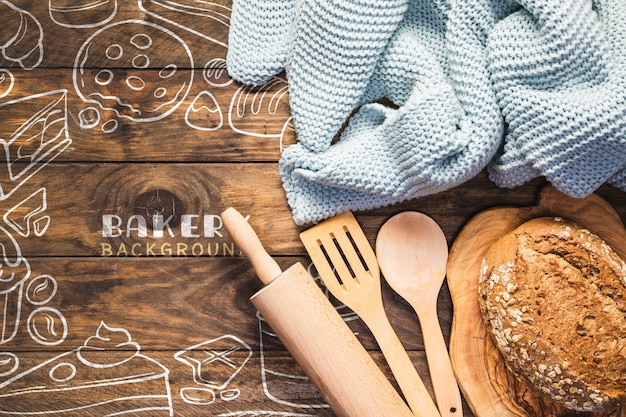 Kitchen utensils with fresh baked white bread