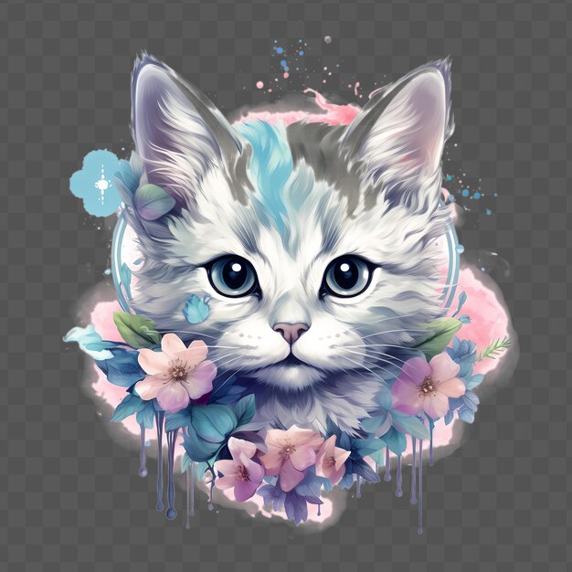 PSD kitten head with flowers on his head in the style waterclor style isolated psd transparent design