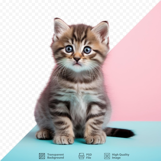 PSD a kitten sits on a blue table with a pink and blue background with a pink background.