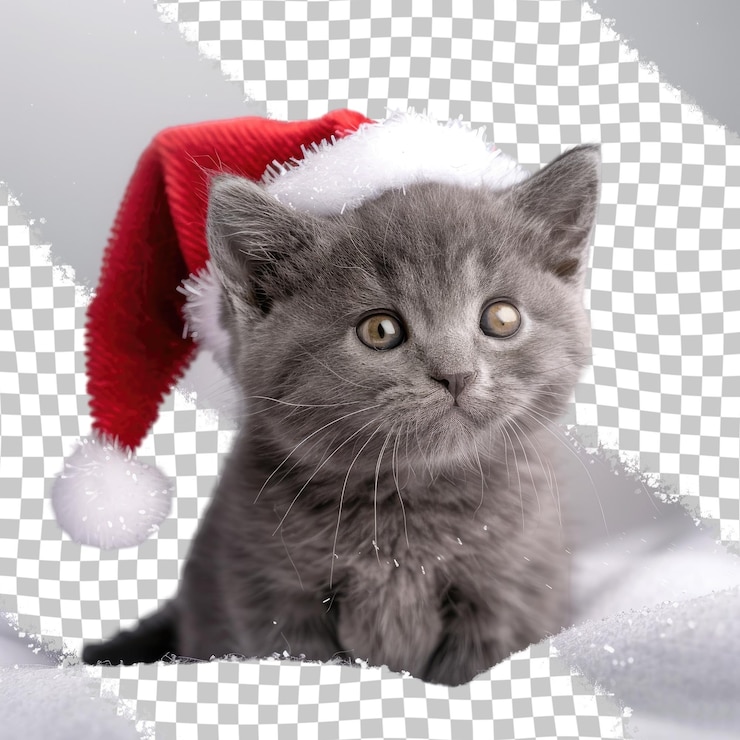 PSD a kitten wearing a santa hat sits in a white background