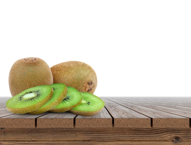 Kiwi splijt kiwi stukken op een houten vloer doorzichtige achtergrond