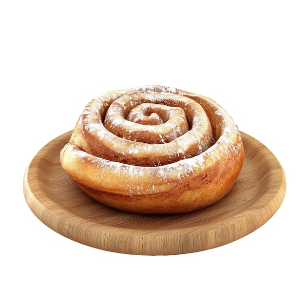 Klassieke kaneelrol met suikerpoeder op houten bord