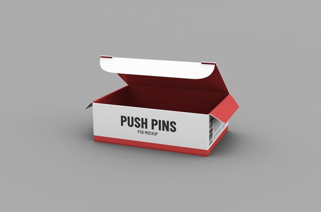 Klein geopend push pins box verpakkingsmodel voor merkreclame op schone achtergrond