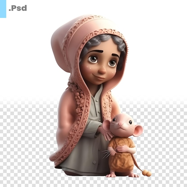 PSD klein meisje met een muis in haar armen 3d-rendering psd-sjabloon