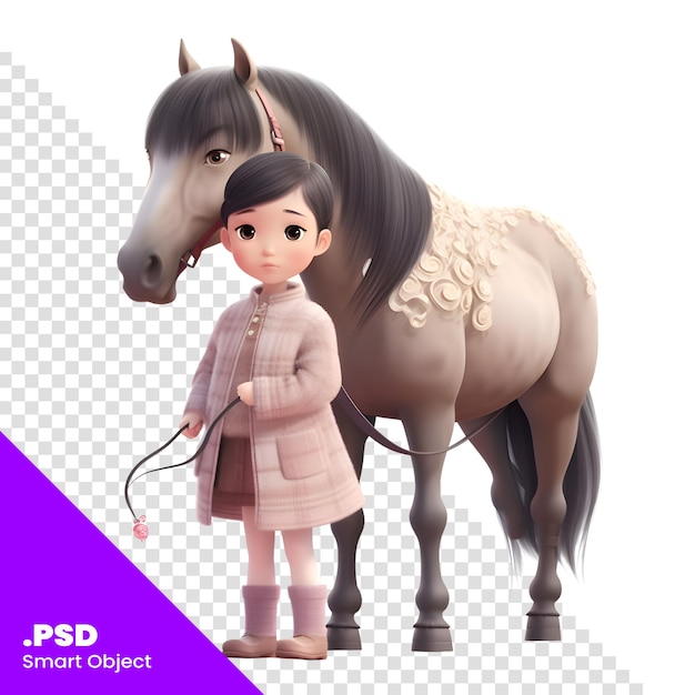PSD klein meisje met een paard op een witte achtergrond. 3d-rendering psd-sjabloon