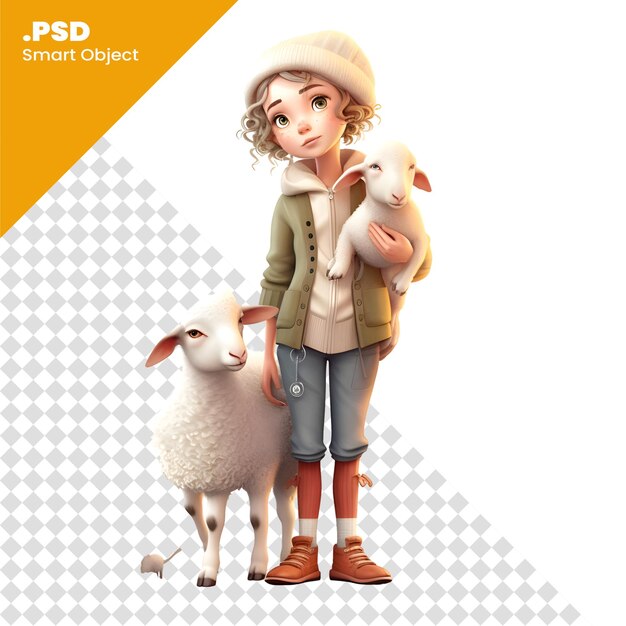 PSD klein meisje met schapen op een witte achtergrond geïsoleerde 3d illustratie psd-sjabloon