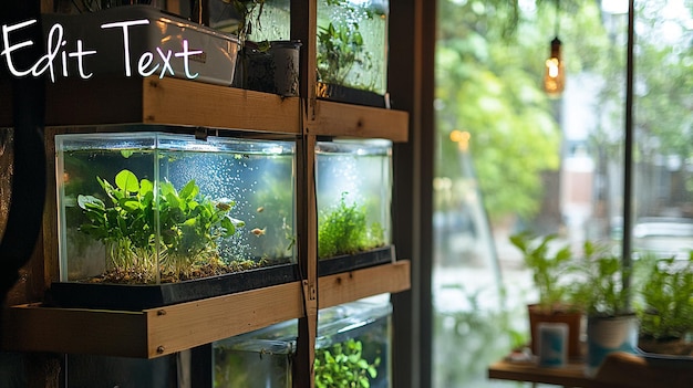 Kleine aquatische plantgevulde vistanks op houten planken bij een raam