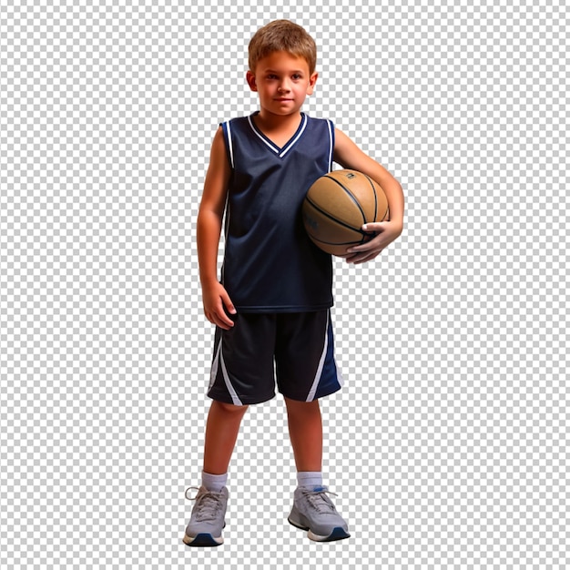 PSD kleine basketbalspeler die een sporttrui draagt en een basketbal vasthoudt op een transparante achtergrond