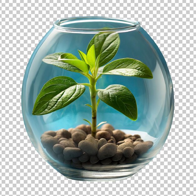 Kleine groene plant in een ronde glazen vaas