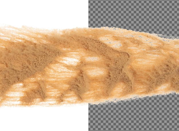 Kleine grootte fijne zandvliegende explosie Gouden korrelgolf ontploft Abstracte wolkvliegt Gele gekleurde zand splash silica in lucht Witte achtergrond Geïsoleerde hoge snelheid sluiter gooien bevriezen shot