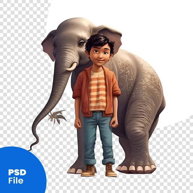 PSD kleine jongen met een olifant op een witte achtergrond 3d rendering psd sjabloon