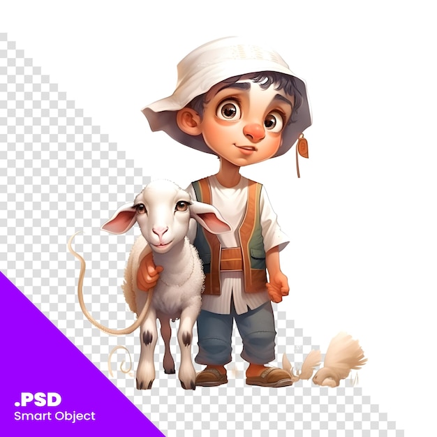 Kleine jongen met een wit schaap op een witte achtergrond. vector illustratie. psd-sjabloon