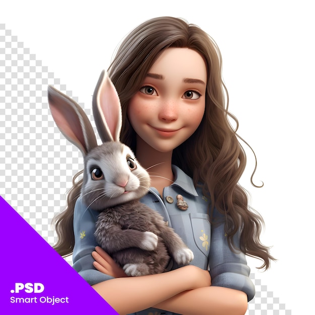 PSD kleine meisje met een konijn op een witte achtergrond 3d-rendering psd-sjabloon
