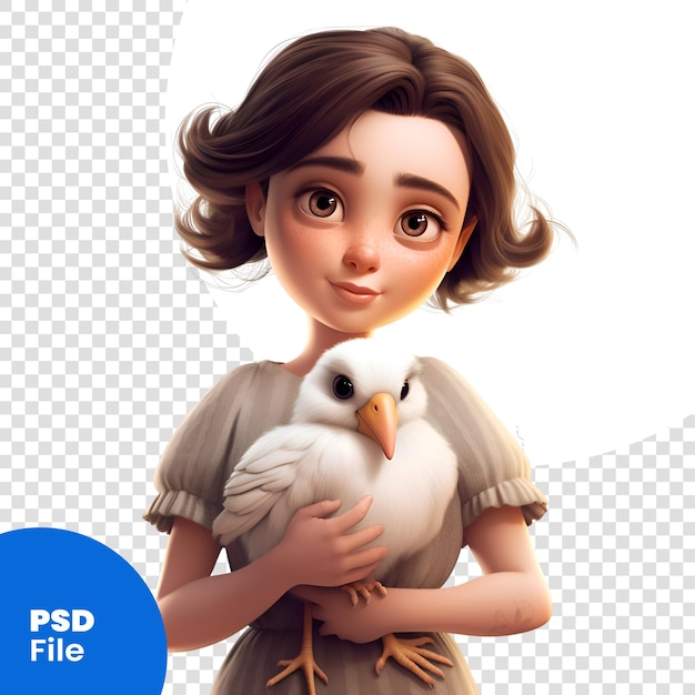 Kleine meisje met een witte vogel geïsoleerd op witte achtergrond 3d rendering psd sjabloon