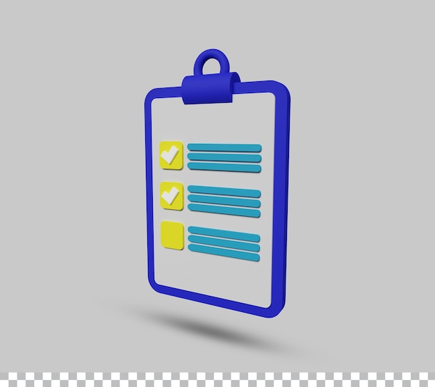 Klembord met checklist papier notitiepictogram of symbool 3d render