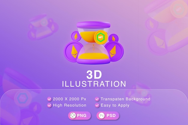 PSD klepsydra ilustracja 3d z monetą nft