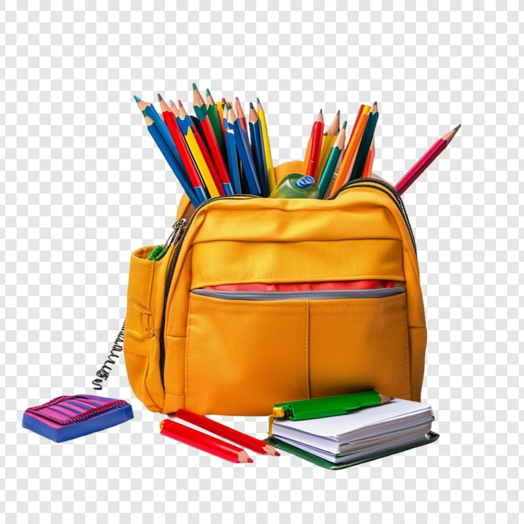 PSD kleurige potloden in een gele rugzak school benodigdheden notitieboek