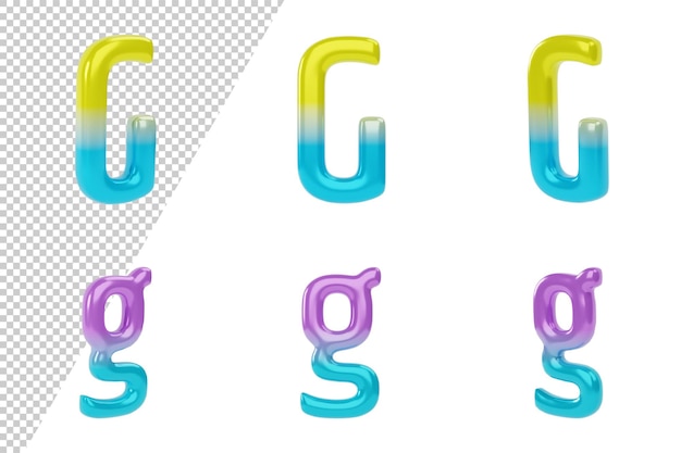 PSD kleurovergang letter g op witte achtergrond. hoofdletters en kleine letters. 3d render illustratie
