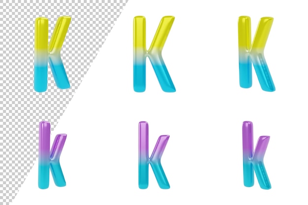 PSD kleurovergang letter k op witte achtergrond. hoofdletters en kleine letters. 3d render illustratie