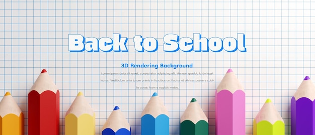 Kleurpotloden op papier terug naar school concept in plat lag stijl 3D illustratie