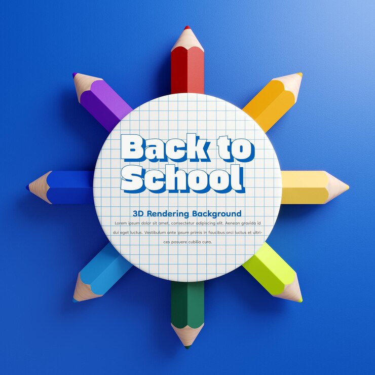 PSD kleurpotloden op papier terug naar school concept in plat lag stijl 3d illustratie