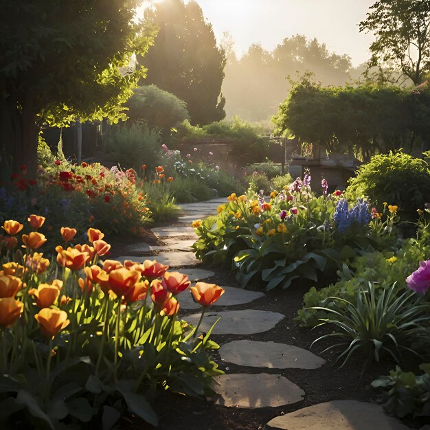 Kleurrijk bloementuinlandschap