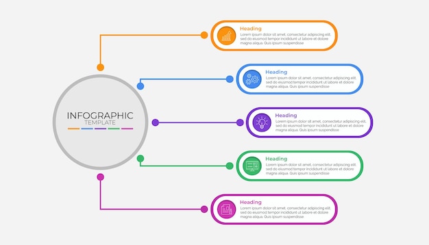 Kleurrijke cirkelvormige infographic-sjabloon met gelabelde stappen en iconen voor presentaties