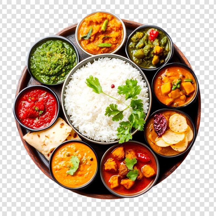 PSD kleurrijke indiase thali-plaat met verschillende gerechten op een doorzichtige achtergrond