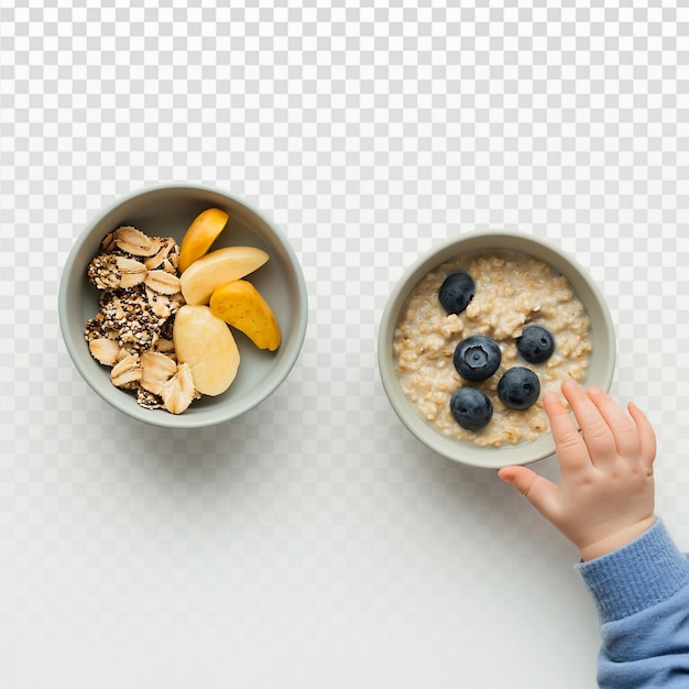 Kleurrijke kinderbak met gezonde snacks en pap