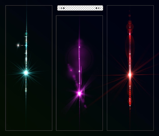 PSD kleurrijke lensflare-collectie en verlichtingslensflare op donkere achtergrond