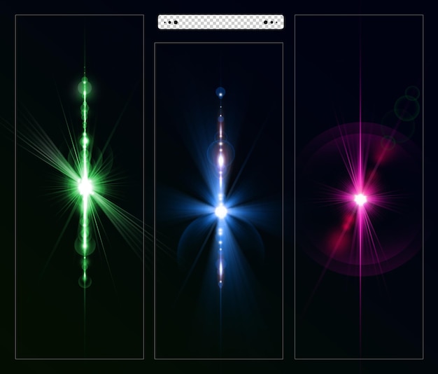 Kleurrijke lensflare-collectie en verlichtingslensflare op donkere achtergrond
