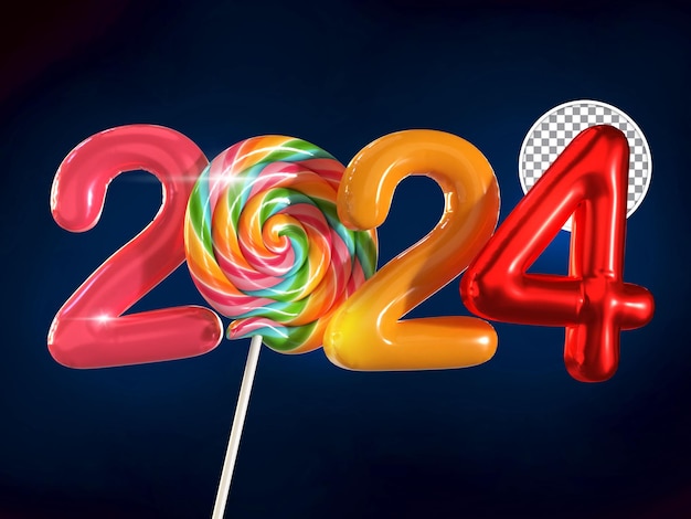 Kleurrijke nieuwjaar 2024 ballontekst met lollipop candy 3d render geïsoleerde achtergrond