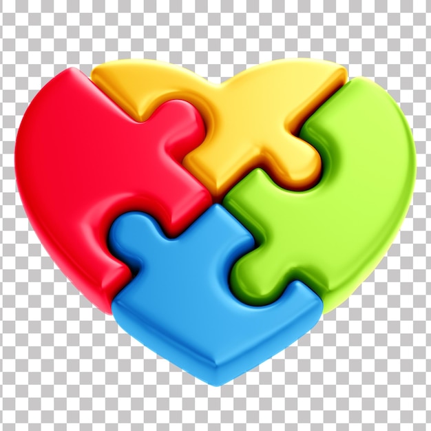 Kleurrijke Puzzle Heart 3D Render voor Autisme Awareness Campaign April Blauwe Transparante achtergrond