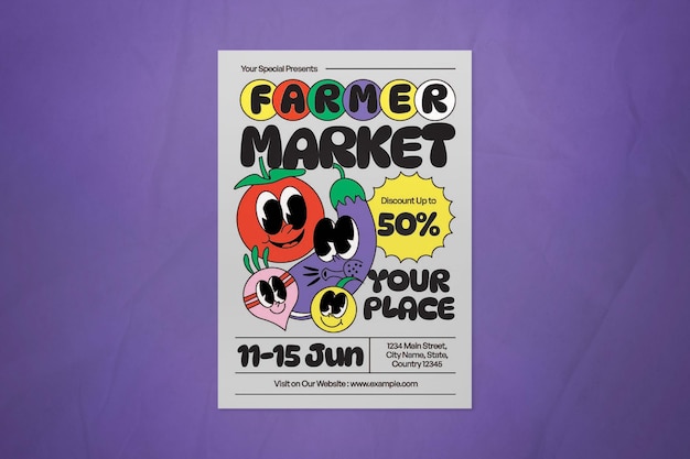 Kleurrijke Retro Cartoon Farmer Market Flyer
