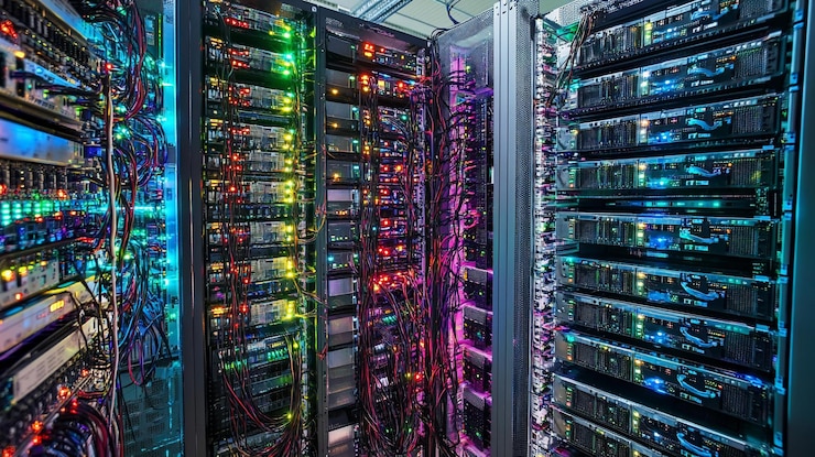 PSD kleurrijke server rack netwerkinfrastructuur met veel onderling verbonden apparaten