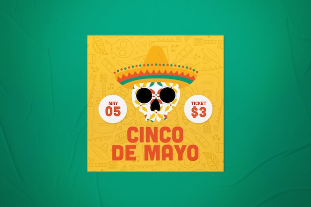 Kleurrijke sugarskull met hoed cinco de mayo instagram post