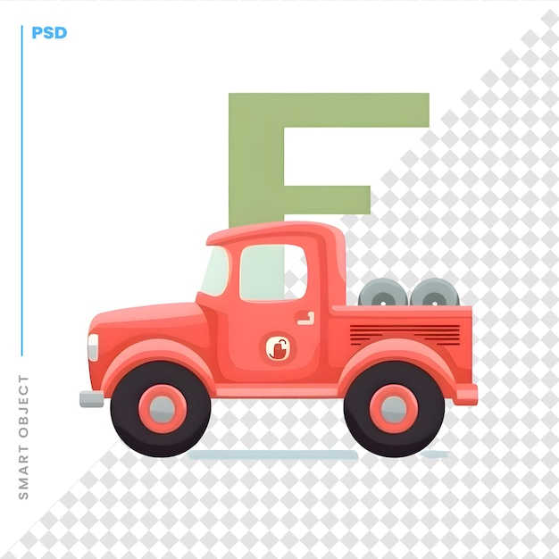 PSD kleurrijke vectorillustratie van een cartoon rode auto met letter f