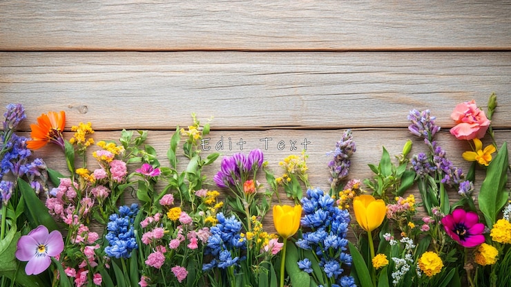 PSD kleurrijke voorjaarsbloemen op een rustieke houten achtergrond