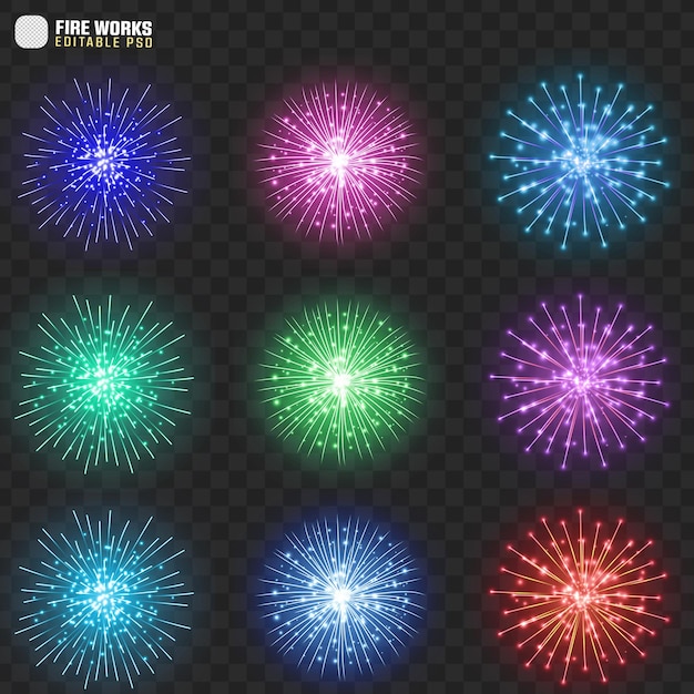 Kleurrijke vuurwerk set Sparkling Light Burst PSD Overlay voor feesten