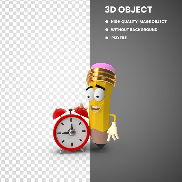 Klok en potlood 3d render