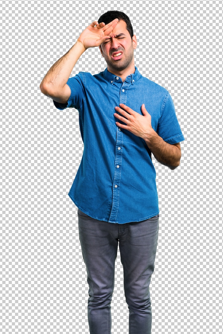 PSD knappe man met blauw shirt met koorts